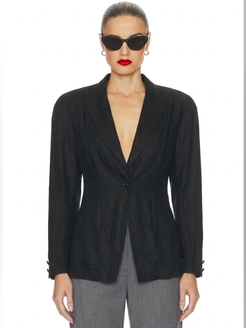 LIDA BADAY Linen Vintage 90s Blazer Jacket  1 Button Minimalist Unlined 12 Black